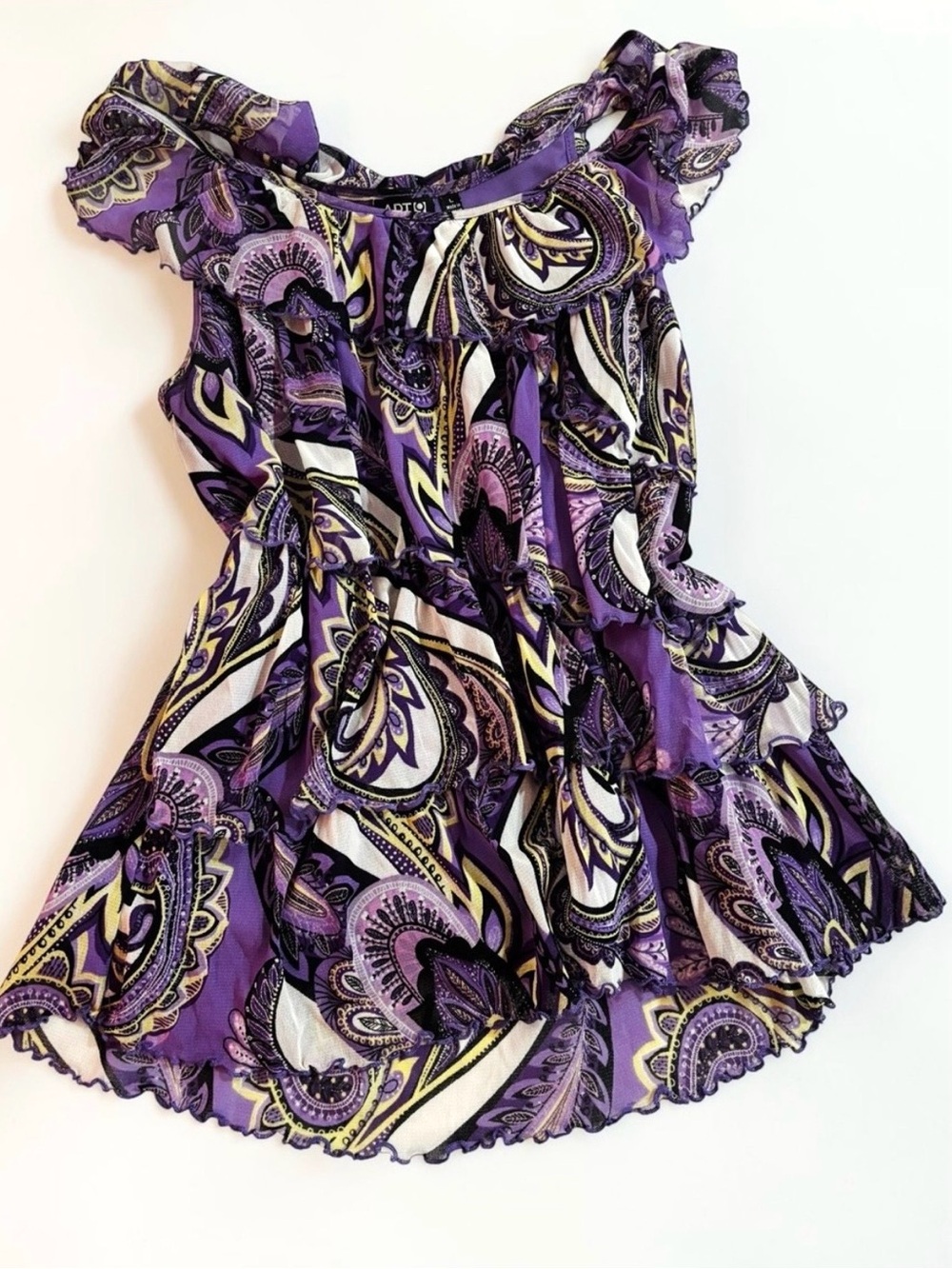 Y2K Purple Paisley Ruffle Babydoll Tunic Top Fairycore Boho L